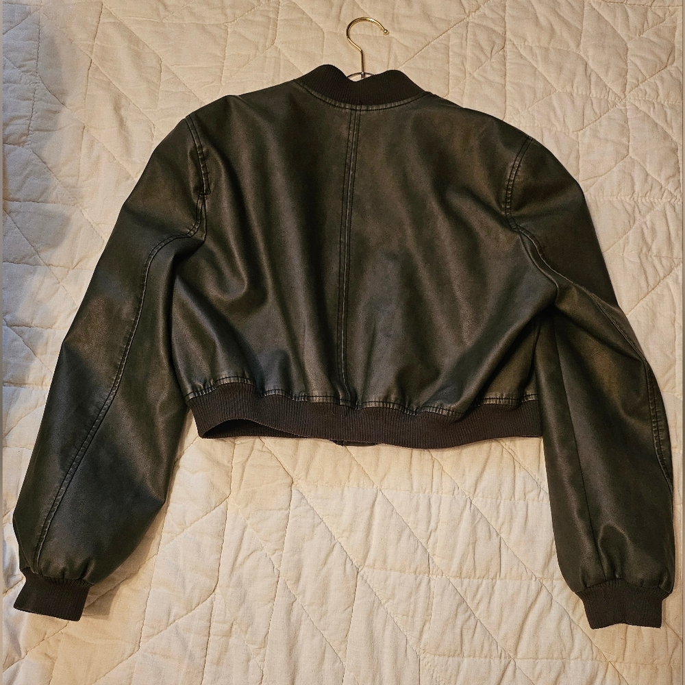 Beige Botany Faux Leather Cropped Bomber Jacket- Size S - Picture 2 of 10
